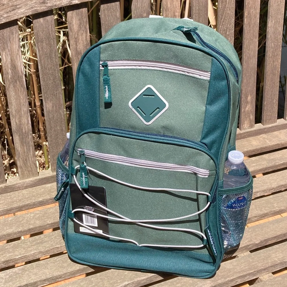 Green Backpack with Gray Trim Side Pockets New